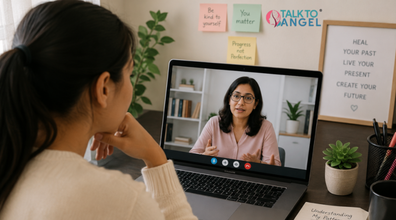 Person attending online schema therapy session for emotional healing and personality pattern support.