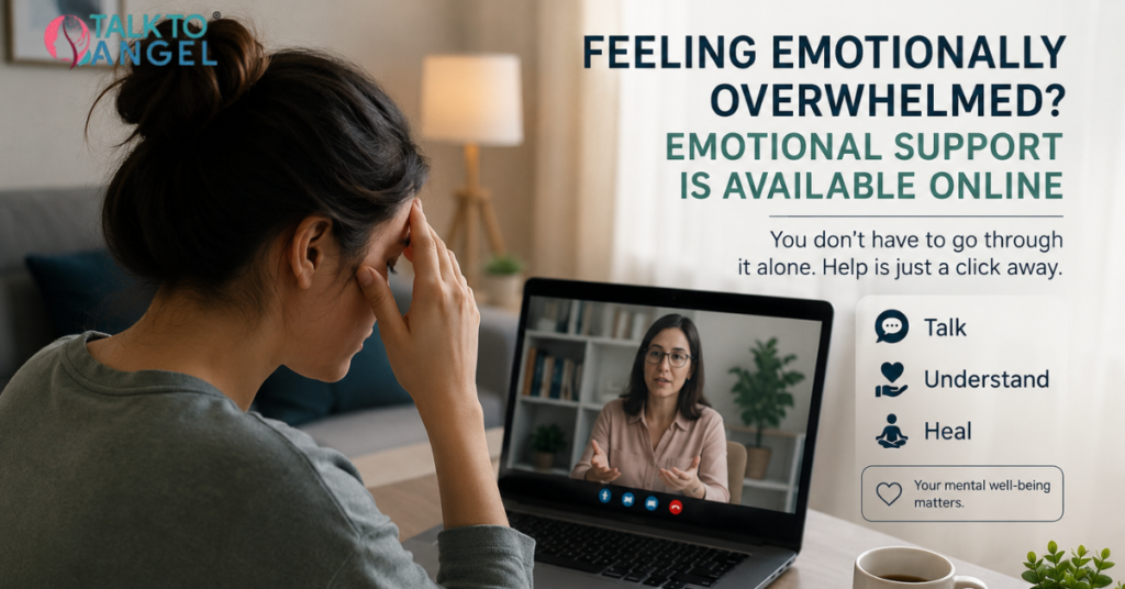 Person attending online emotional support therapy session while feeling emotionally overwhelmed at home.