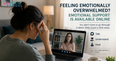 Person attending online emotional support therapy session while feeling emotionally overwhelmed at home.