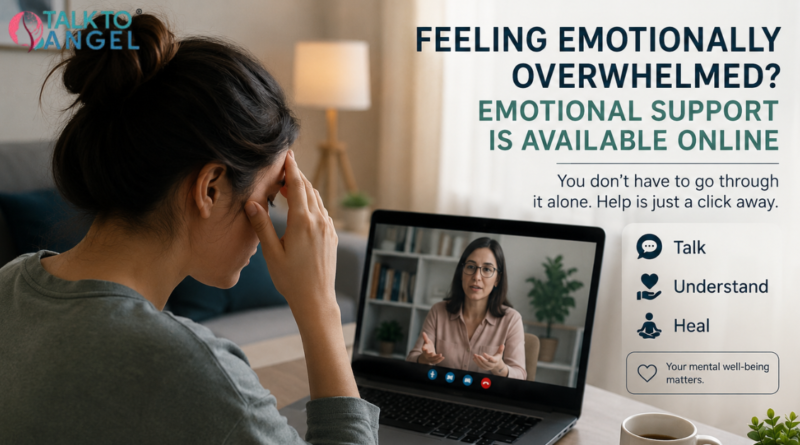 Person attending online emotional support therapy session while feeling emotionally overwhelmed at home.