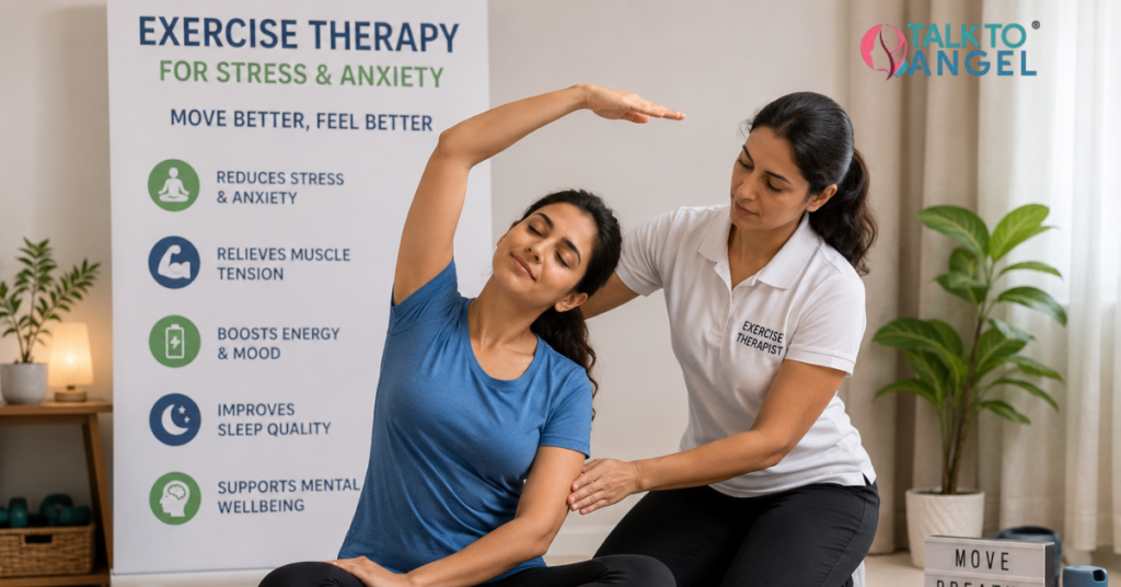Person doing guided exercise therapy to reduce stress, anxiety, and physical fatigue.