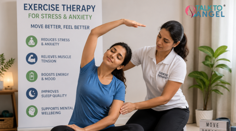 Person doing guided exercise therapy to reduce stress, anxiety, and physical fatigue.