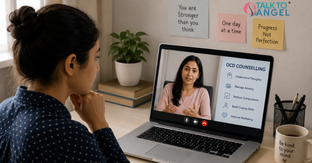Person attending online OCD counselling session for anxiety and compulsive thought management.