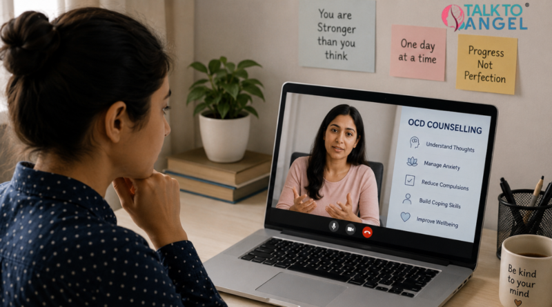 Person attending online OCD counselling session for anxiety and compulsive thought management.