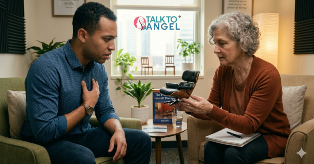 Man in therapy session discussing past emotional pain and healing through Gestalt Therapy