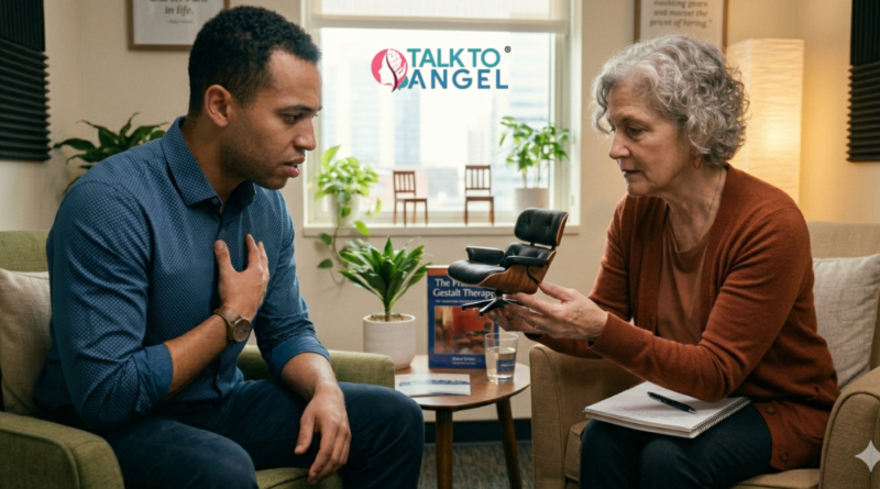 Man in therapy session discussing past emotional pain and healing through Gestalt Therapy