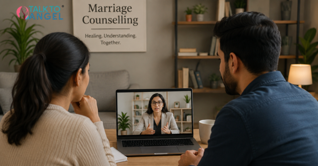 Couple attending online marriage counselling session for emotional neglect and relationship healing