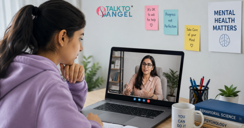 Student attending an online psychologists session for academic stress and anxiety support.