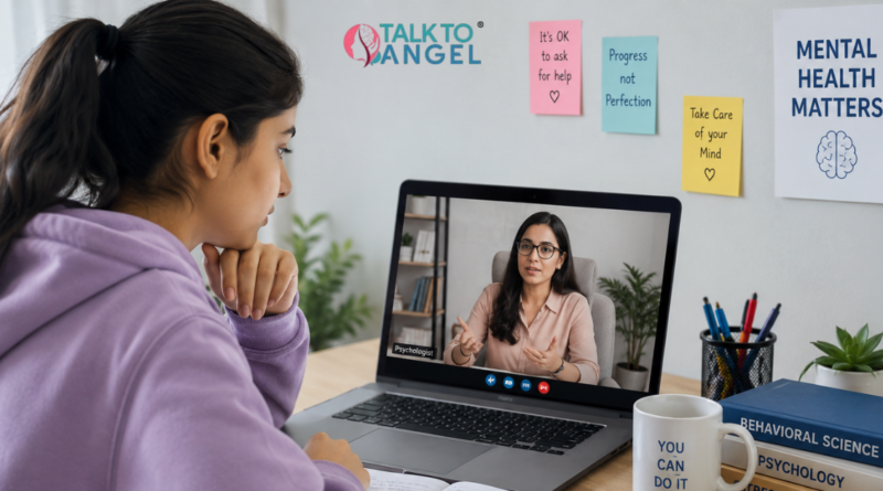 Student attending an online psychologists session for academic stress and anxiety support.