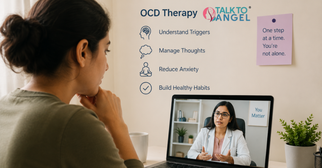 Woman attending an online psychiatrist session to manage OCD repetitive thoughts and anxiety.