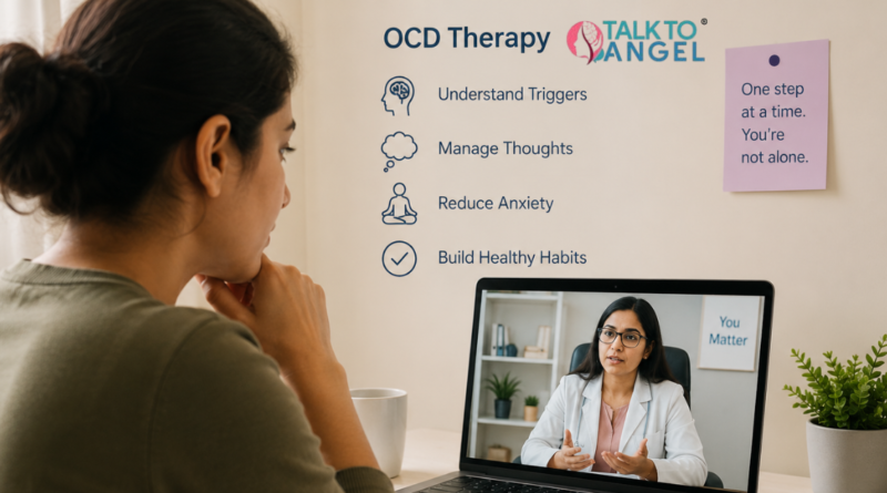 Woman attending an online psychiatrist session to manage OCD repetitive thoughts and anxiety.