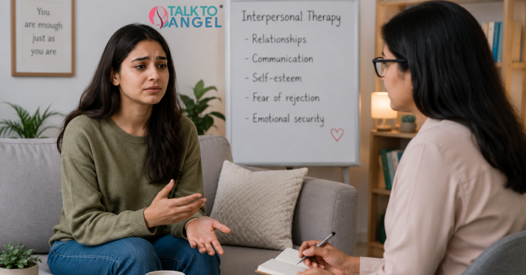 A woman in interpersonal therapy session discussing low self-esteem & fear of rejection with a therapist.