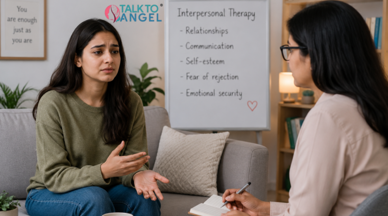 A woman in interpersonal therapy session discussing low self-esteem & fear of rejection with a therapist.