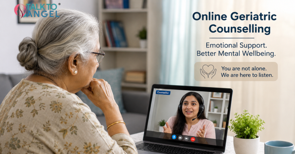 Senior woman attending online geriatric counselling session for emotional support and mental wellbeing.