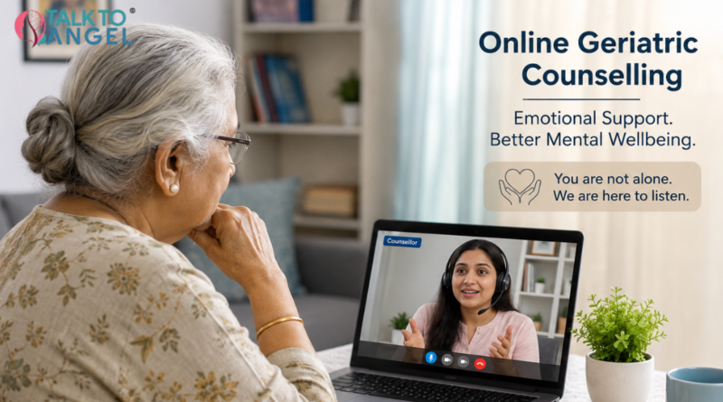 Senior woman attending online geriatric counselling session for emotional support and mental wellbeing.