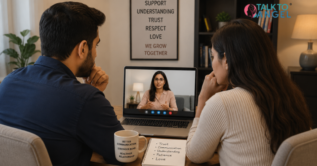 Couple attending online marriage counselling session to overcome jealousy and relationship insecurity.