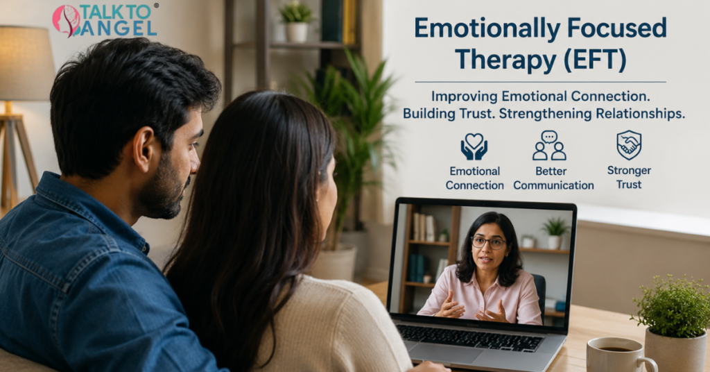Couple attending online Emotionally Focused Therapy session to improve emotional connection and trust.
