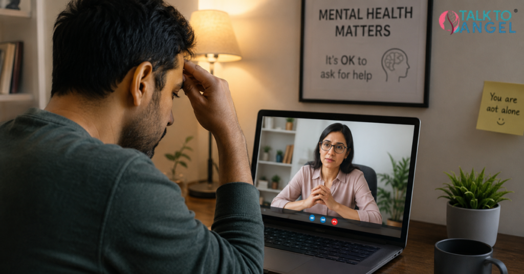 A man attending an online therapy session for severe depression and emotional support.