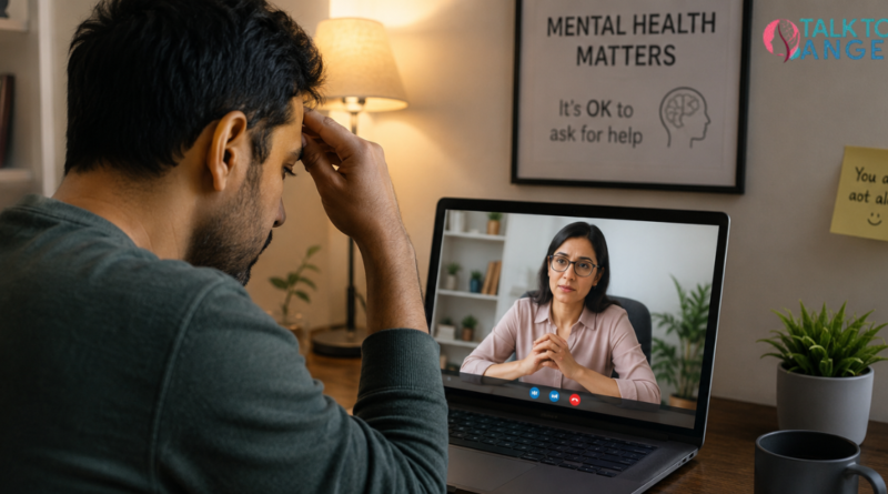 A man attending an online therapy session for severe depression and emotional support.