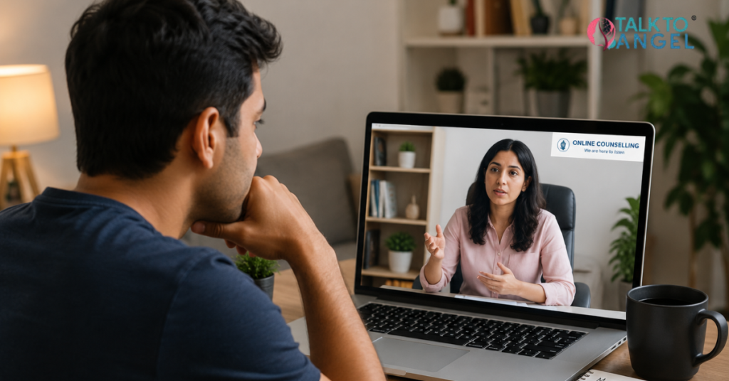 A man attending an online counselling session for panic attacks and anxiety support from home.
