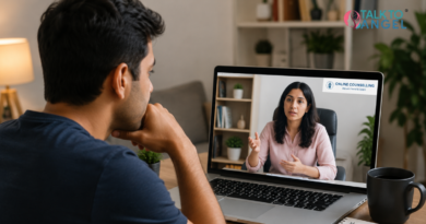 A man attending an online counselling session for panic attacks and anxiety support from home.