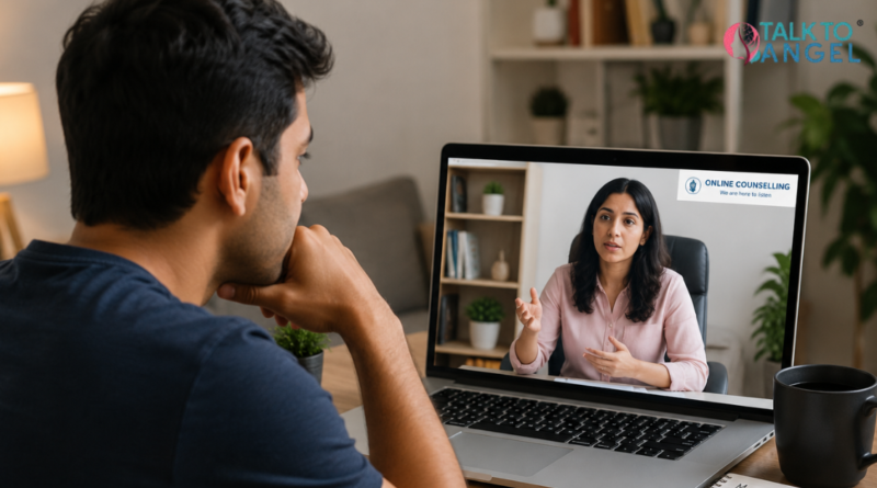 A man attending an online counselling session for panic attacks and anxiety support from home.