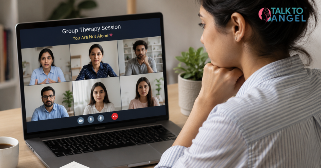 Woman attending online group therapy session for emotional stress caused by family conflicts.