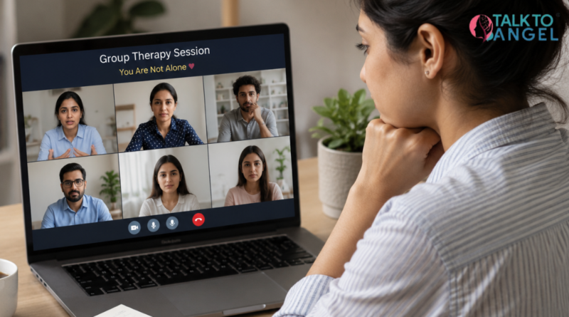Woman attending online group therapy session for emotional stress caused by family conflicts.