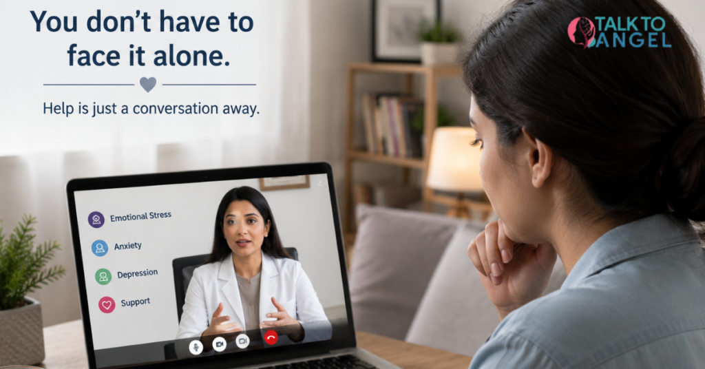 Woman attending online counselling session for emotional stress, anxiety, and depression support from home.