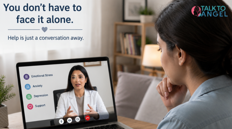 Woman attending online counselling session for emotional stress, anxiety, and depression support from home.