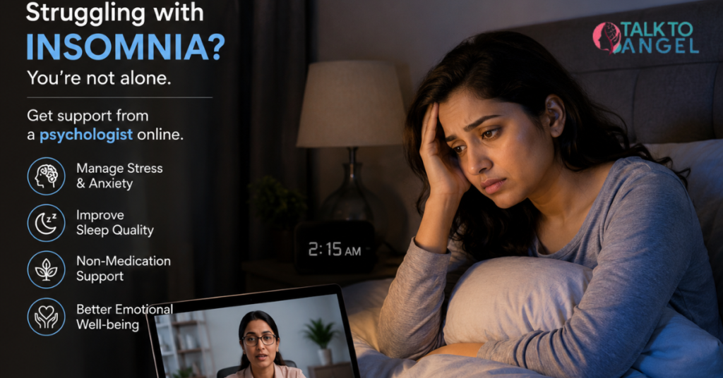 Woman struggling with insomnia while using online therapy support late at night.