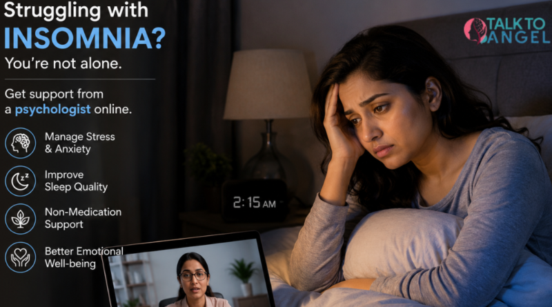 Woman struggling with insomnia while using online therapy support late at night.