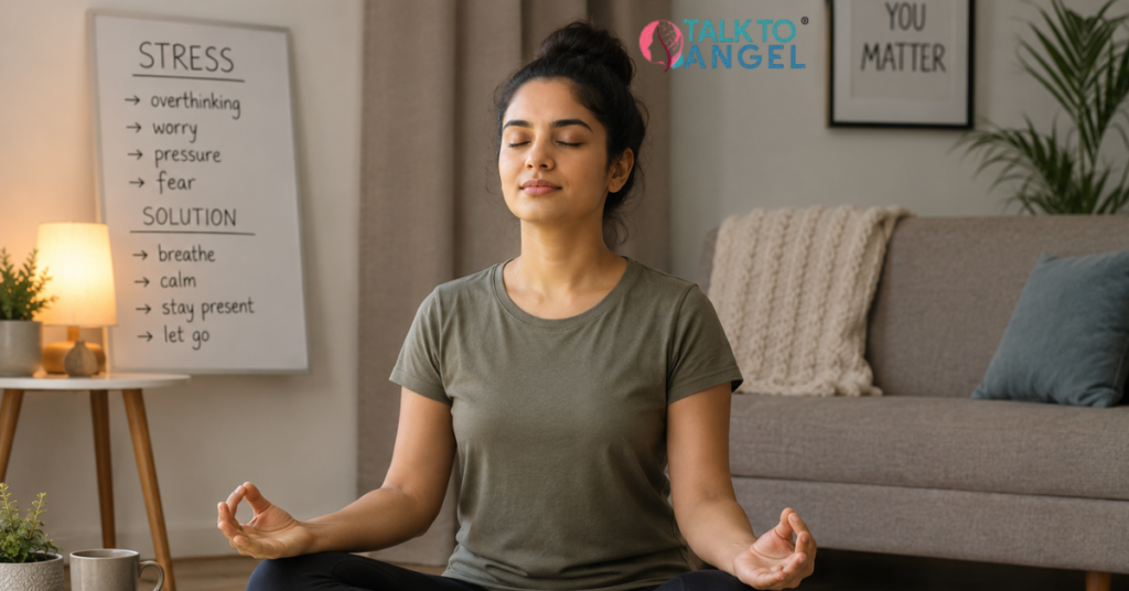 Woman practicing mindfulness therapy meditation calmly during a stressful emotional situation at home.