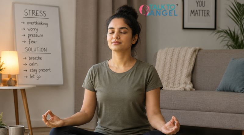 Woman practicing mindfulness therapy meditation calmly during a stressful emotional situation at home.