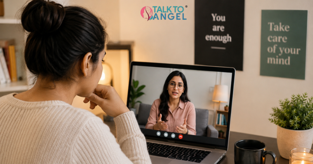 Woman attending a session with an online therapist for emotional support from home.