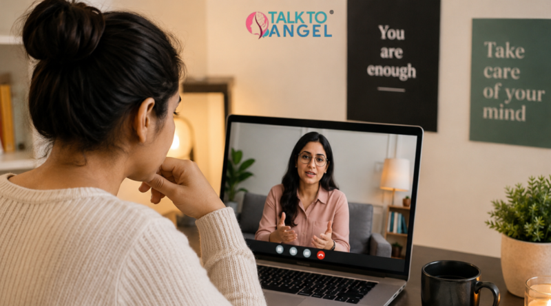 Woman attending a session with an online therapist for emotional support from home.