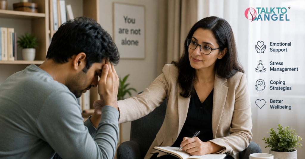 Person with schizophrenia receiving therapist support for schizophrenia management and emotional care.