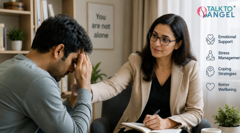 Person with schizophrenia receiving therapist support for schizophrenia management and emotional care.