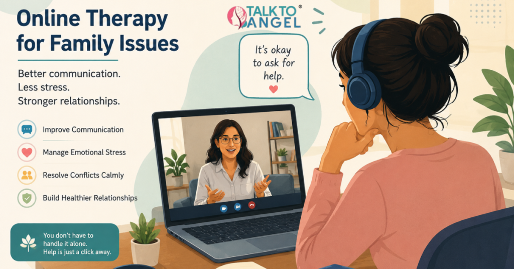 Person attending online therapy session to manage family issues and improve communication at home.
