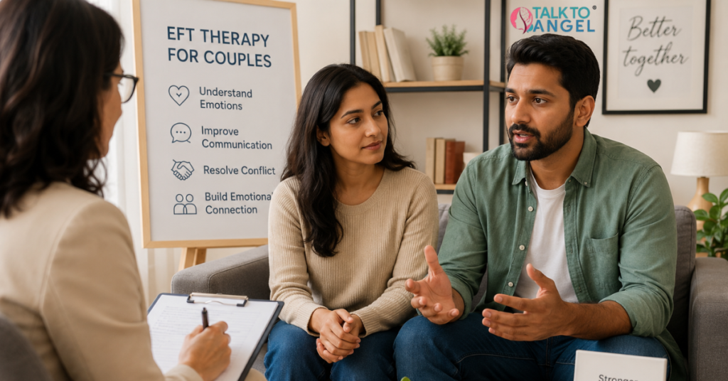Couple attending EFT therapy session to heal anger, improve communication, and rebuild emotional connection.