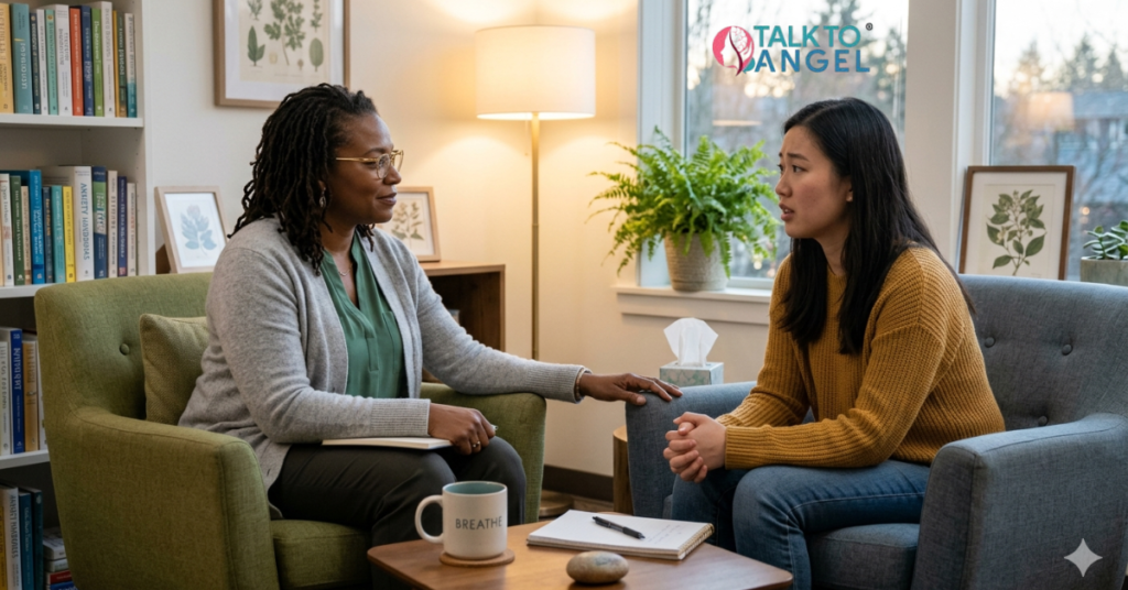 Therapist providing online counselling support for generalized anxiety disorder and emotional stress management.
