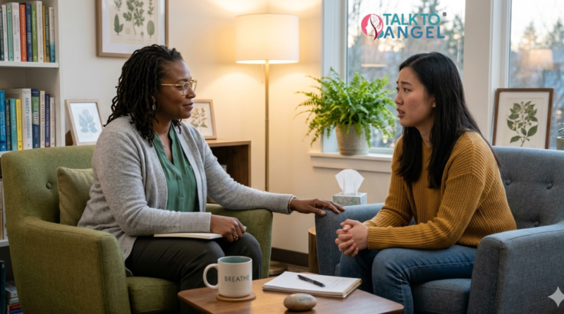 Therapist providing online counselling support for generalized anxiety disorder and emotional stress management.