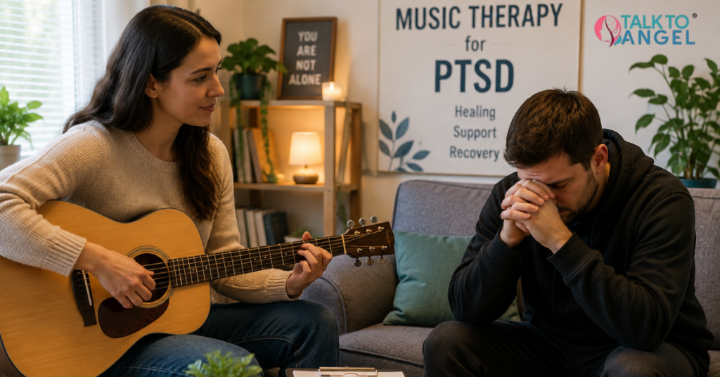 A music therapist helps PTSD patients manage stress and emotional healing through calming music therapy sessions.