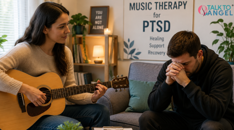 A music therapist helps PTSD patients manage stress and emotional healing through calming music therapy sessions.
