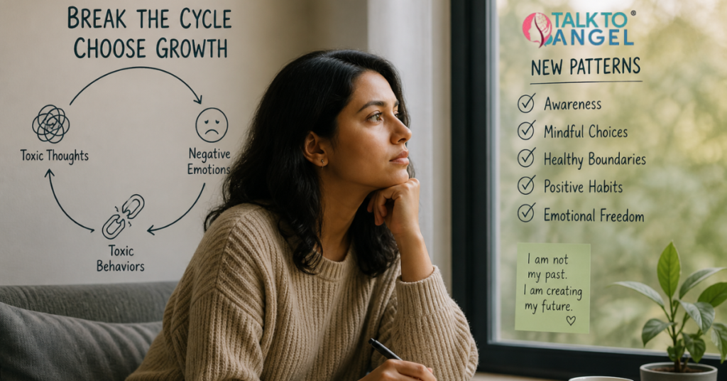 Person sitting thoughtfully, reflecting on breaking toxic behaviour patterns & emotional cycles