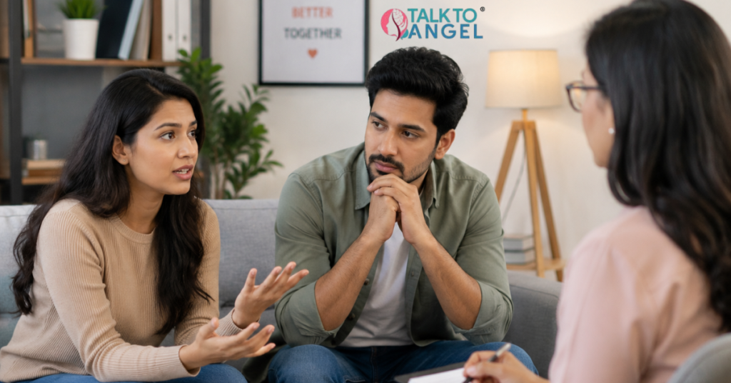 A couple discussing relationship conflicts during an online therapy session with counsellor support.