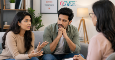 A couple discussing relationship conflicts during an online therapy session with counsellor support.