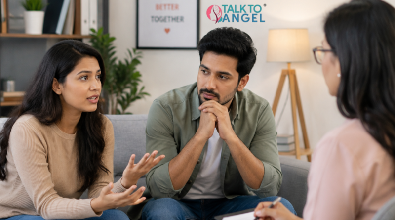 A couple discussing relationship conflicts during an online therapy session with counsellor support.