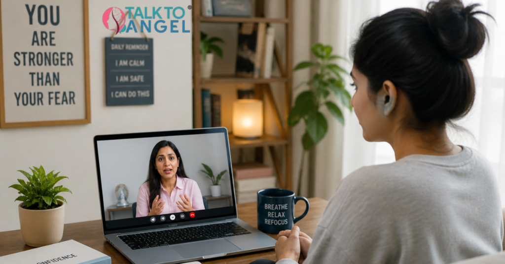 Person attending online therapy for phobias on laptop, managing anxiety calmly at home