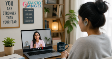 Person attending online therapy for phobias on laptop, managing anxiety calmly at home